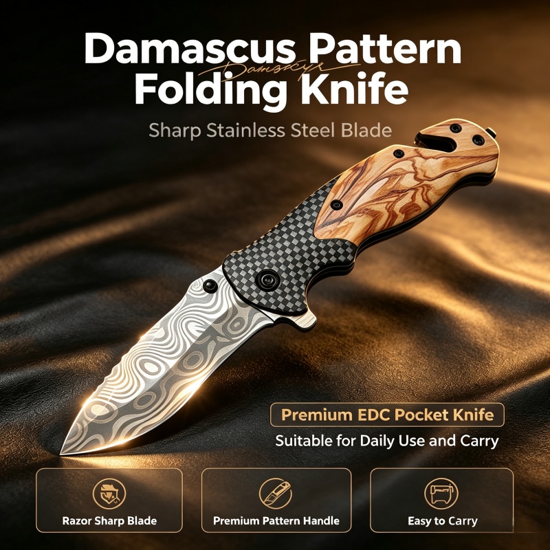 Edc Daily Carry - Damascus Pattern Folding Knife Sharp Stainless